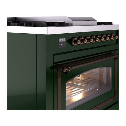 ILVE Nostalgie II Noblesse 36" Emerald Green Dual Fuel Range with 6 Burners and Griddle Triple Glass Door Natural Gas