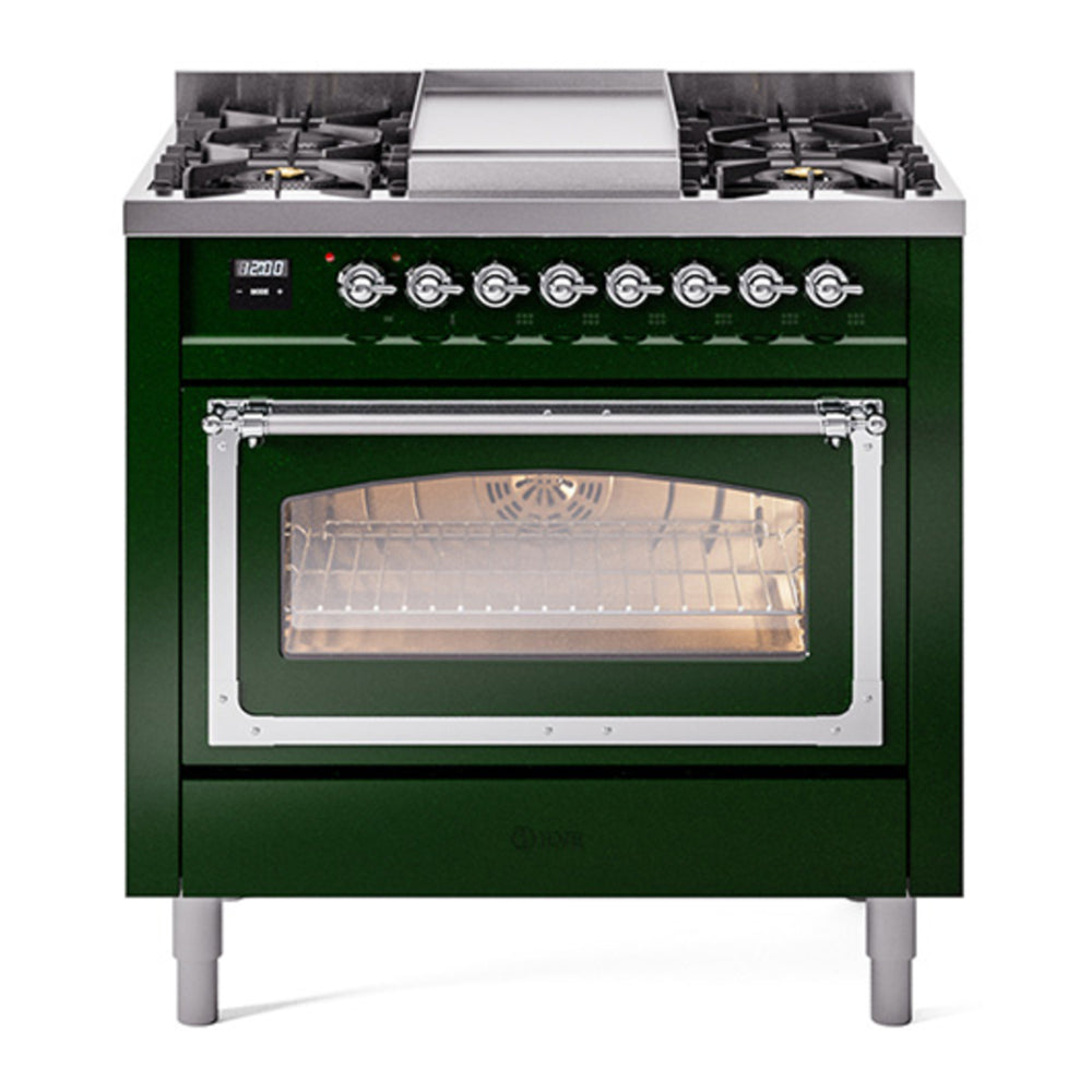 ILVE Nostalgie II Noblesse 36" Emerald Green Dual Fuel Range with 6 Burners and Griddle Triple Glass Door Natural Gas