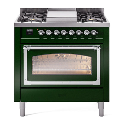 ILVE Nostalgie II Noblesse 36" Emerald Green Dual Fuel Range with 6 Burners and Griddle Triple Glass Door Natural Gas