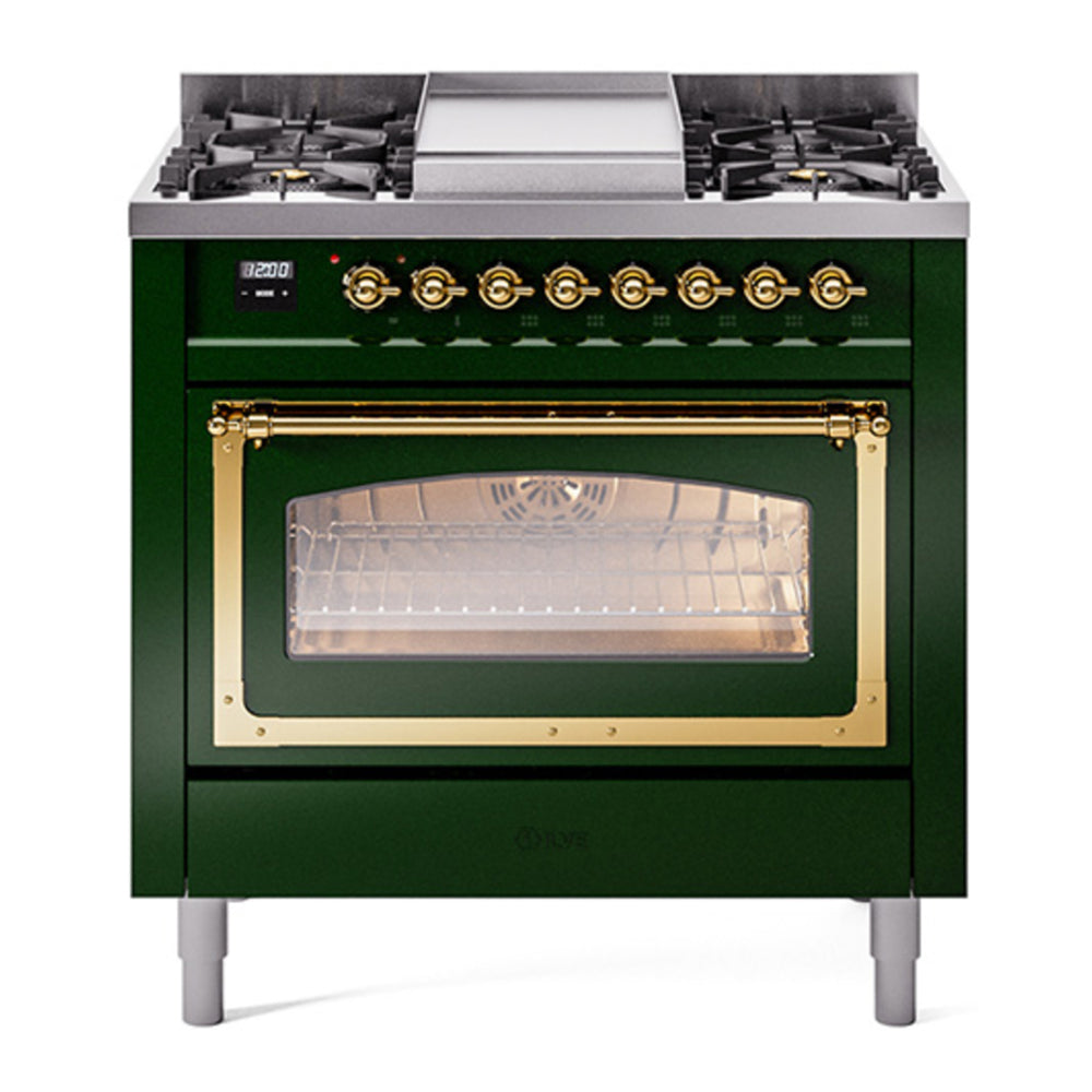 ILVE Nostalgie II Noblesse 36" Emerald Green Dual Fuel Range with 6 Burners and Griddle Triple Glass Door Natural Gas