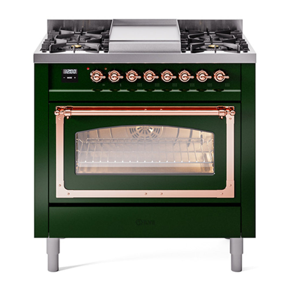 ILVE Nostalgie II Noblesse 36" Emerald Green Dual Fuel Range with 6 Burners and Griddle Triple Glass Door Natural Gas