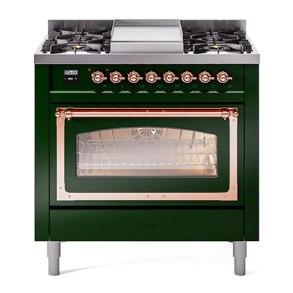 ILVE Nostalgie II Noblesse 36" Emerald Green Dual Fuel Range with 6 Burners and Griddle Triple Glass Door Natural Gas