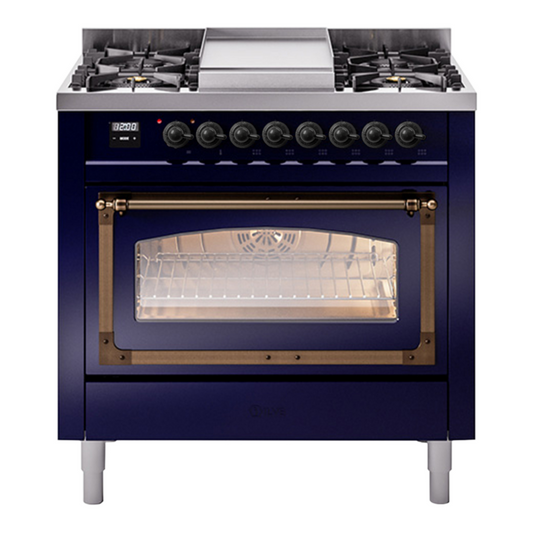ILVE Nostalgie II Noblesse 36" Midnight Blue Dual Fuel Range with 6 Burners and Griddle Triple Glass Door Liquid Propane