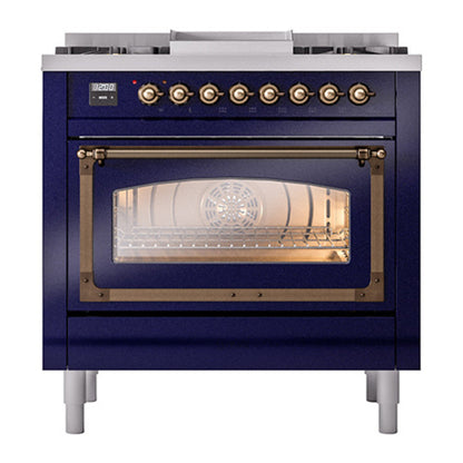 ILVE Nostalgie II Noblesse 36" Midnight Blue Dual Fuel Range with 6 Burners and Griddle Triple Glass Door Natural Gas