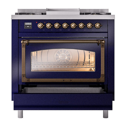 ILVE Nostalgie II Noblesse 36" Midnight Blue Dual Fuel Range with 6 Burners and Griddle Triple Glass Door Natural Gas