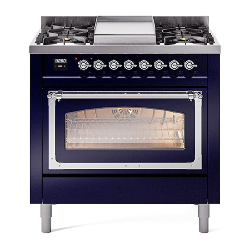 ILVE Nostalgie II Noblesse 36" Midnight Blue Dual Fuel Range with 6 Burners and Griddle Triple Glass Door Natural Gas