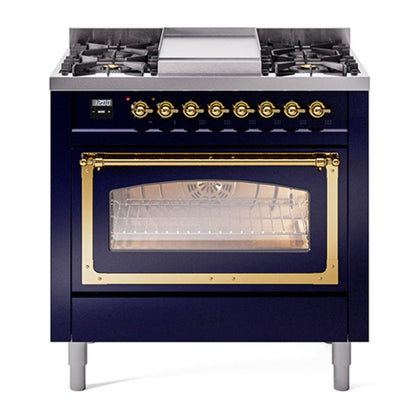 ILVE Nostalgie II Noblesse 36" Midnight Blue Dual Fuel Range with 6 Burners and Griddle Triple Glass Door Natural Gas