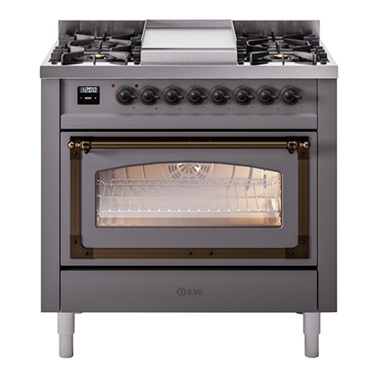 ILVE Nostalgie II Noblesse 36" Graphite Matte Dual Fuel Range with 6 Burners and Griddle Triple Glass Door Liquid Propane