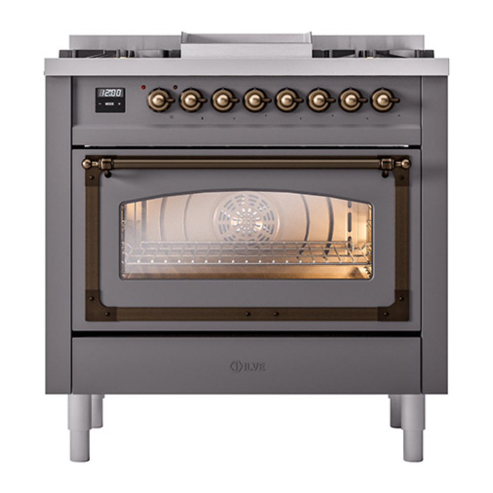 ILVE Nostalgie II Noblesse 36" Graphite Matte Dual Fuel Range with 6 Burners and Griddle Triple Glass Door Natural Gas