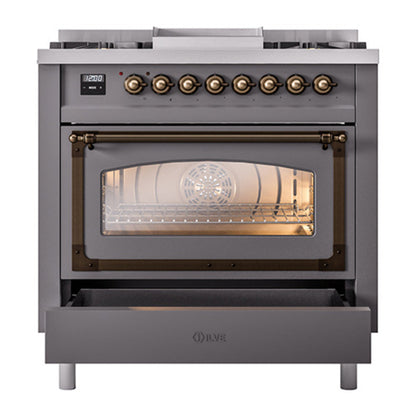 ILVE Nostalgie II Noblesse 36" Graphite Matte Dual Fuel Range with 6 Burners and Griddle Triple Glass Door Natural Gas