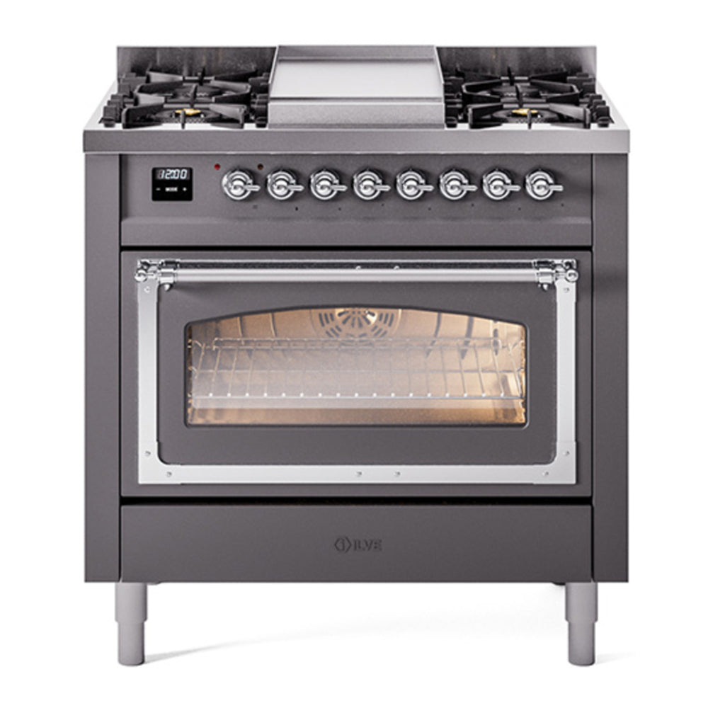 ILVE Nostalgie II Noblesse 36" Graphite Matte Dual Fuel Range with 6 Burners and Griddle Triple Glass Door Natural Gas