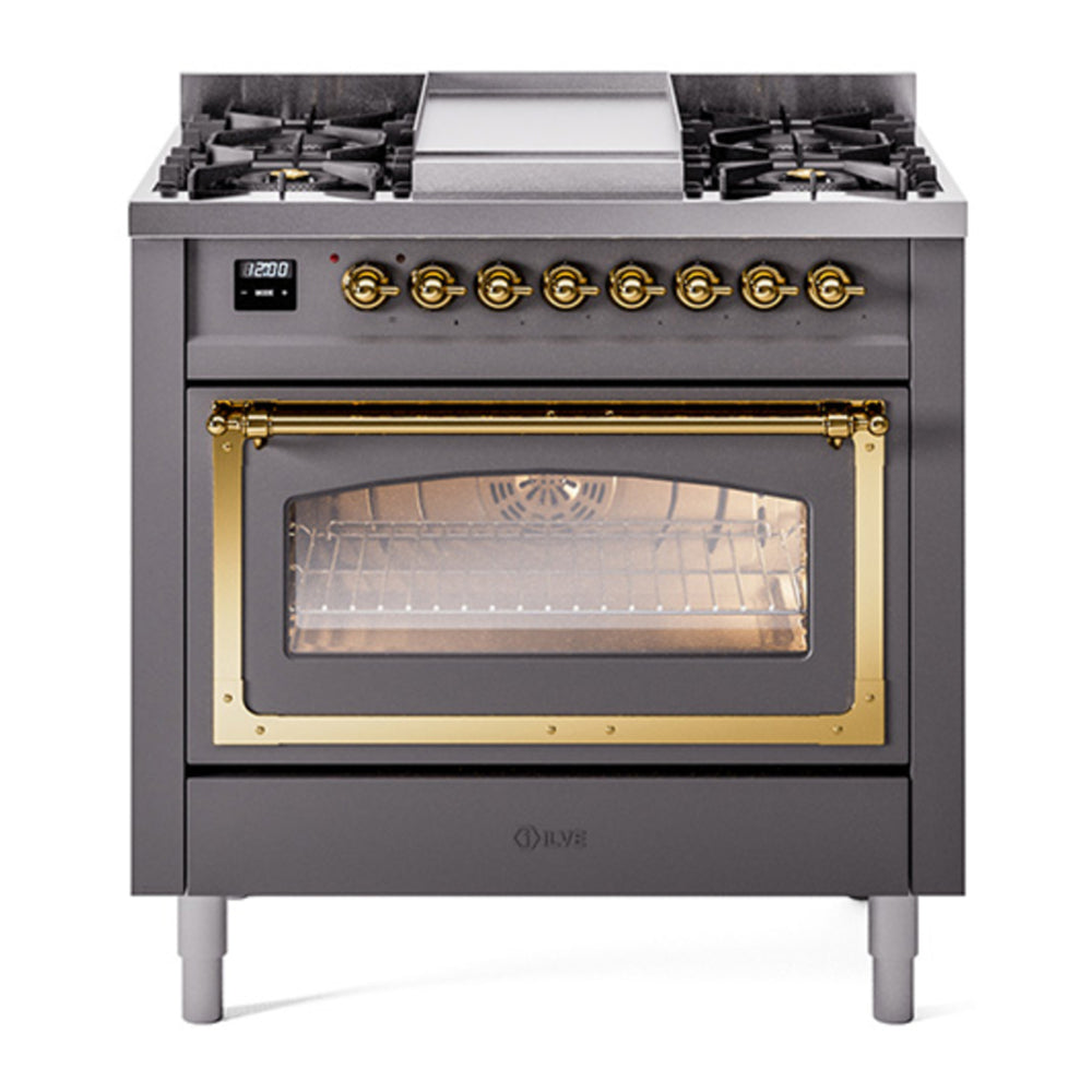 ILVE Nostalgie II Noblesse 36" Graphite Matte Dual Fuel Range with 6 Burners and Griddle Triple Glass Door Natural Gas