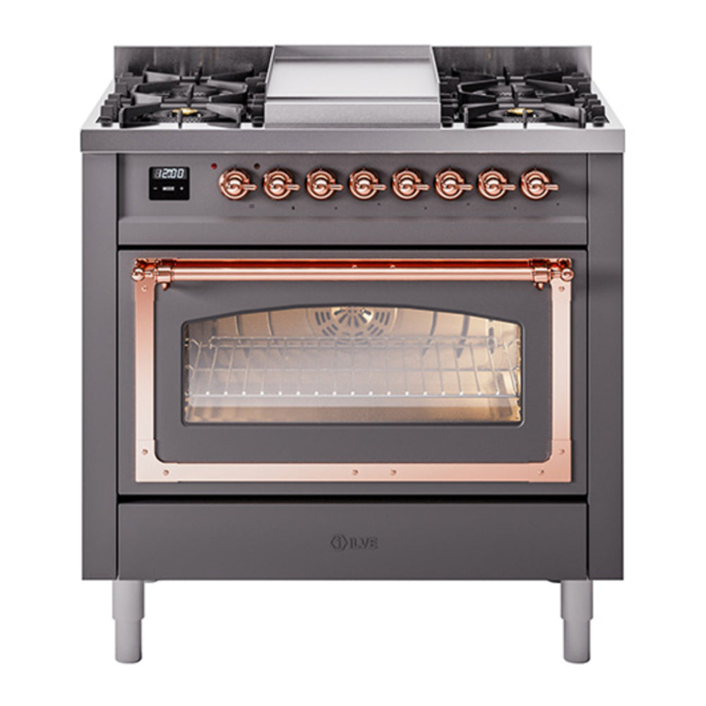 ILVE Nostalgie II Noblesse 36" Graphite Matte Dual Fuel Range with 6 Burners and Griddle Triple Glass Door Natural Gas