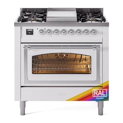 ILVE Nostalgie II Noblesse 36" RAL Dual Fuel Range with 6 Burners and Griddle Triple Glass Door Natural Gas