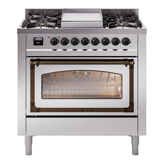 ILVE Nostalgie II Noblesse 36" Stainless Steel Dual Fuel Range with 6 Burners and Griddle Triple Glass Door Liquid Propane