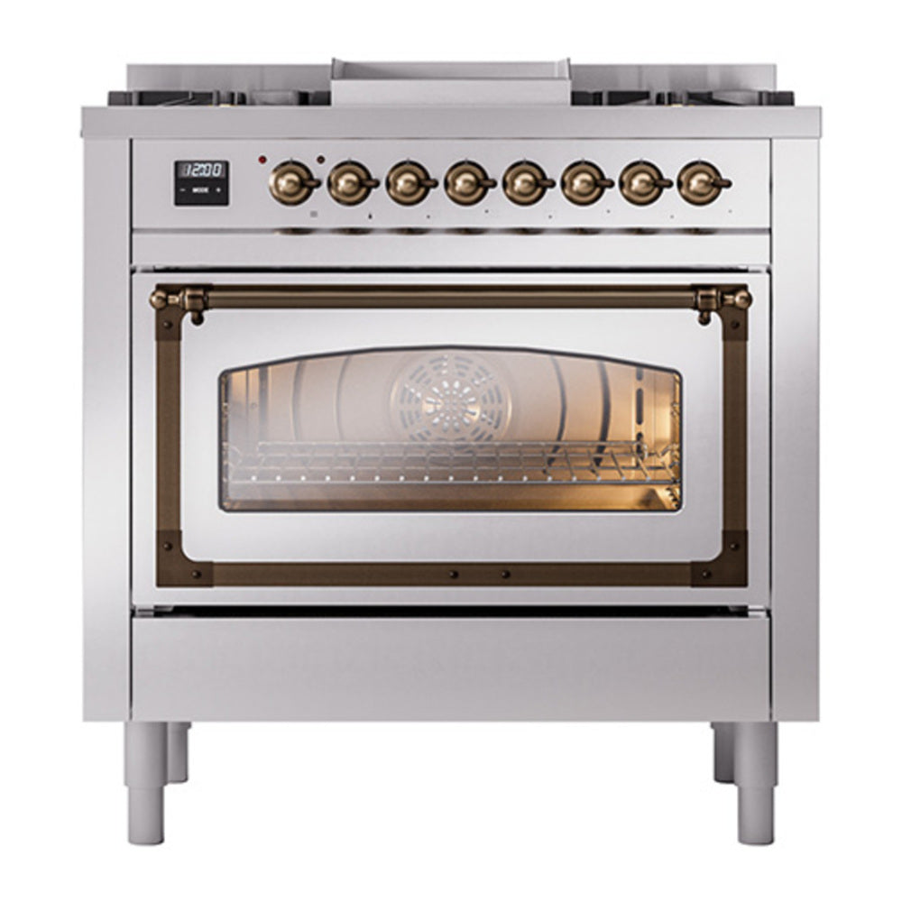 ILVE Nostalgie II Noblesse 36" Stainless Steel Dual Fuel Range with 6 Burners and Griddle Triple Glass Door Natural Gas