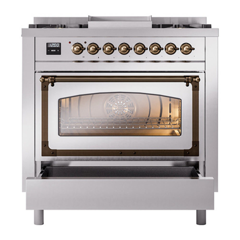 ILVE Nostalgie II Noblesse 36" Stainless Steel Dual Fuel Range with 6 Burners and Griddle Triple Glass Door Natural Gas
