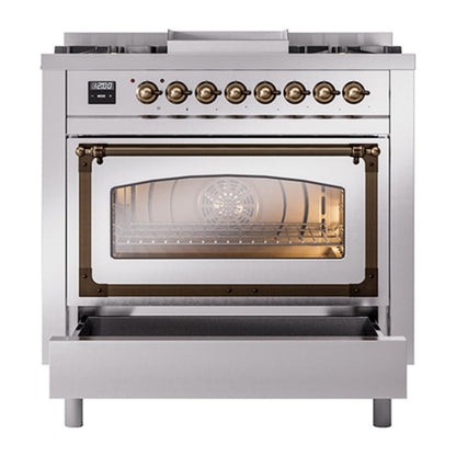 ILVE Nostalgie II Noblesse 36" Stainless Steel Dual Fuel Range with 6 Burners and Griddle Triple Glass Door Natural Gas