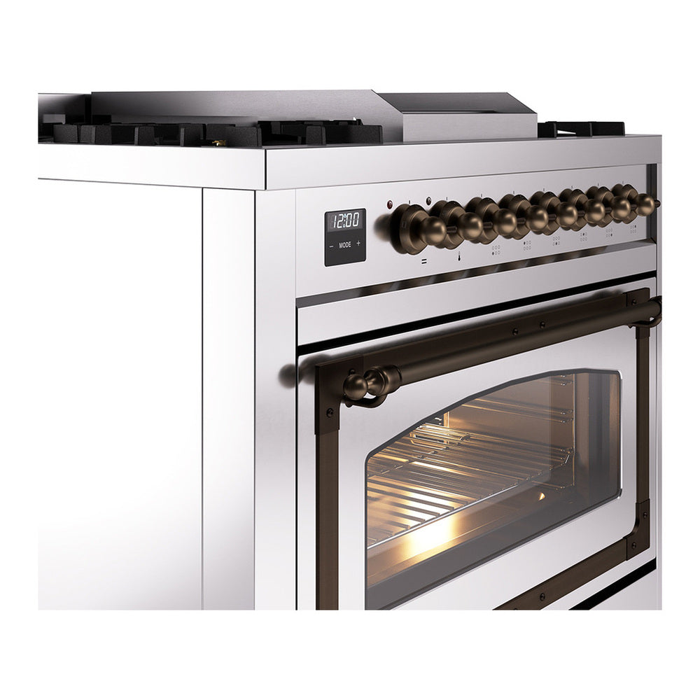 ILVE Nostalgie II Noblesse 36" Stainless Steel Dual Fuel Range with 6 Burners and Griddle Triple Glass Door Natural Gas