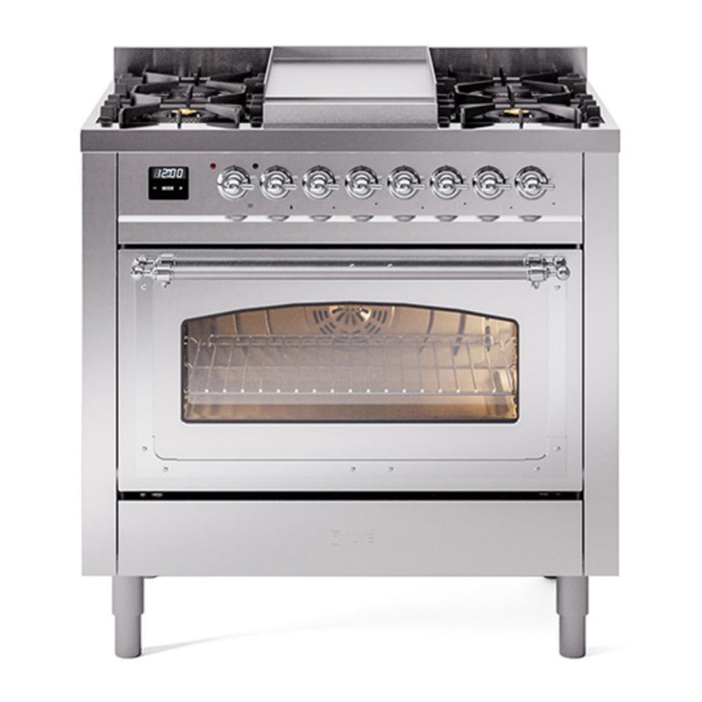 ILVE Nostalgie II Noblesse 36" Stainless Steel Dual Fuel Range with 6 Burners and Griddle Triple Glass Door Natural Gas