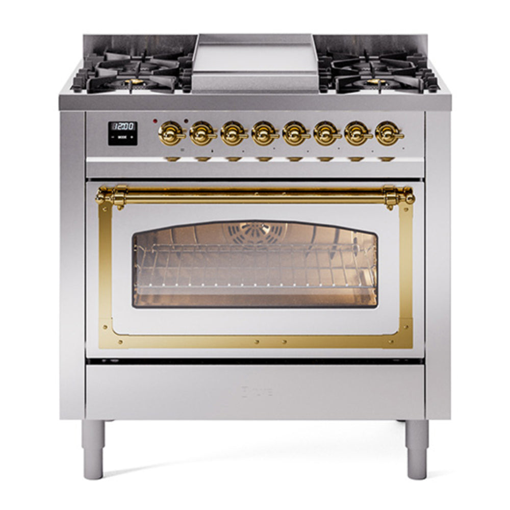 ILVE Nostalgie II Noblesse 36" Stainless Steel Dual Fuel Range with 6 Burners and Griddle Triple Glass Door Natural Gas
