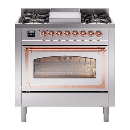 ILVE Nostalgie II Noblesse 36" Stainless Steel Dual Fuel Range with 6 Burners and Griddle Triple Glass Door Natural Gas