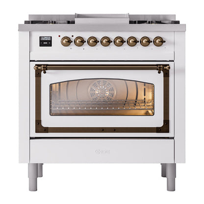 ILVE Nostalgie II Noblesse 36" White Dual Fuel Range with 6 Burners and Griddle Triple Glass Door Natural Gas