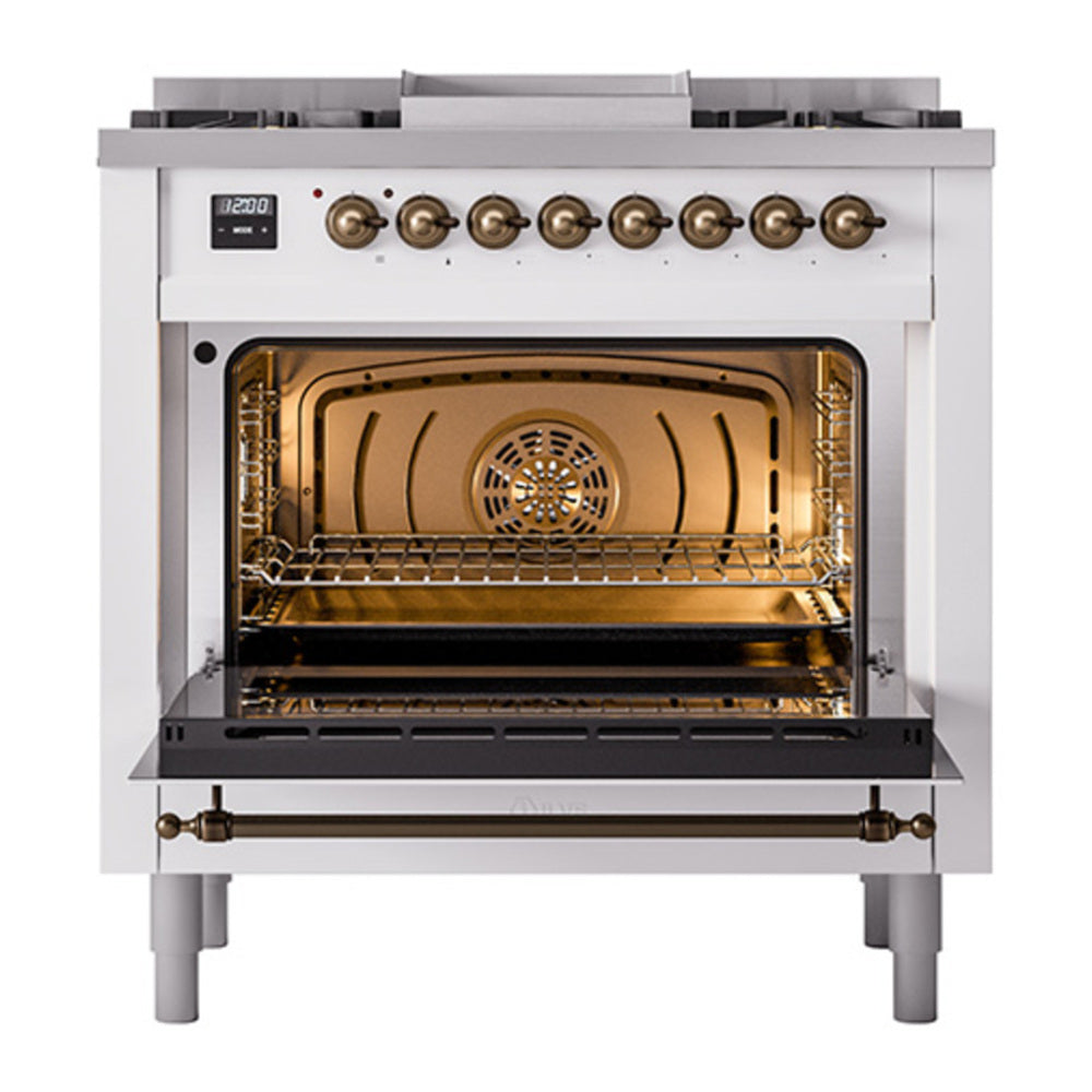 ILVE Nostalgie II Noblesse 36" White Dual Fuel Range with 6 Burners and Griddle Triple Glass Door Natural Gas