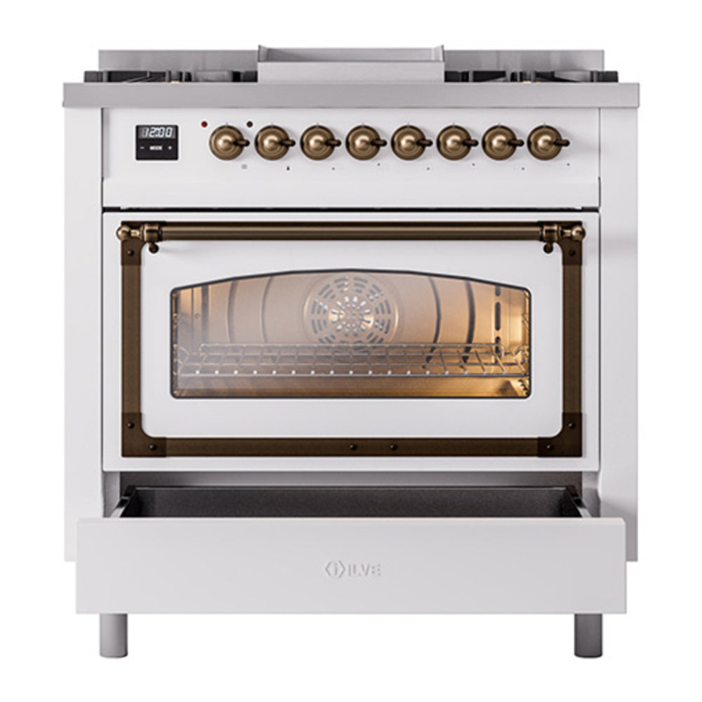 ILVE Nostalgie II Noblesse 36" White Dual Fuel Range with 6 Burners and Griddle Triple Glass Door Natural Gas
