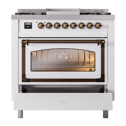 ILVE Nostalgie II Noblesse 36" White Dual Fuel Range with 6 Burners and Griddle Triple Glass Door Natural Gas