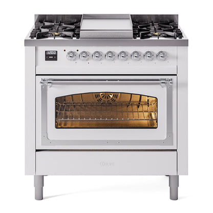 ILVE Nostalgie II Noblesse 36" White Dual Fuel Range with 6 Burners and Griddle Triple Glass Door Natural Gas