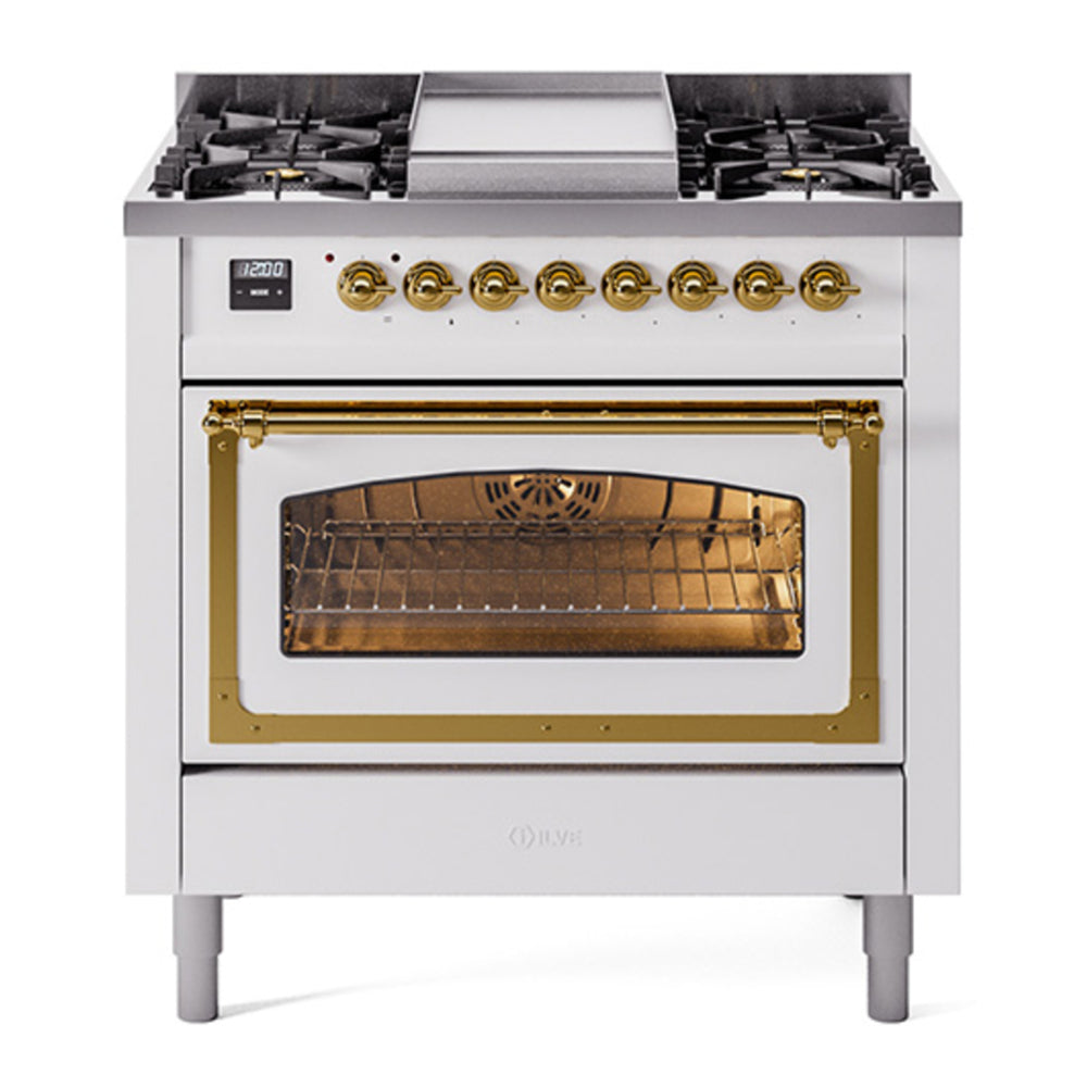 ILVE Nostalgie II Noblesse 36" White Dual Fuel Range with 6 Burners and Griddle Triple Glass Door Natural Gas