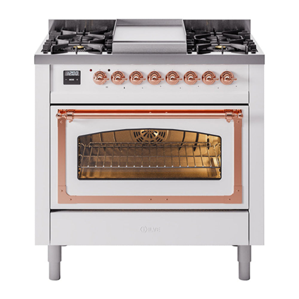 ILVE Nostalgie II Noblesse 36" White Dual Fuel Range with 6 Burners and Griddle Triple Glass Door Natural Gas