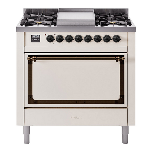 ILVE Nostalgie II Noblesse 36" Antique White Dual Fuel Range with 6 Burners and Griddle Solid Door Liquid Propane