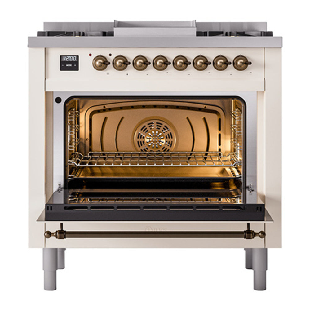 ILVE Nostalgie II Noblesse 36" Antique White Dual Fuel Range with 6 Burners and Griddle Solid Door Natural Gas