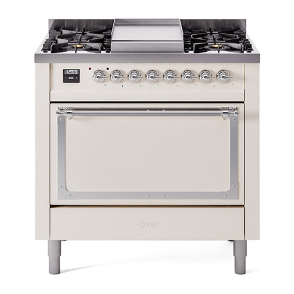 ILVE Nostalgie II Noblesse 36" Antique White Dual Fuel Range with 6 Burners and Griddle Solid Door Natural Gas