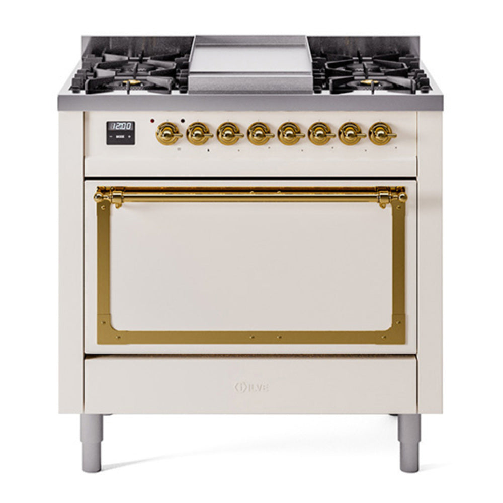 ILVE Nostalgie II Noblesse 36" Antique White Dual Fuel Range with 6 Burners and Griddle Solid Door Natural Gas