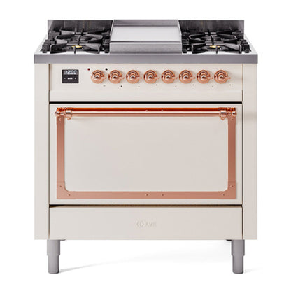 ILVE Nostalgie II Noblesse 36" Antique White Dual Fuel Range with 6 Burners and Griddle Solid Door Natural Gas