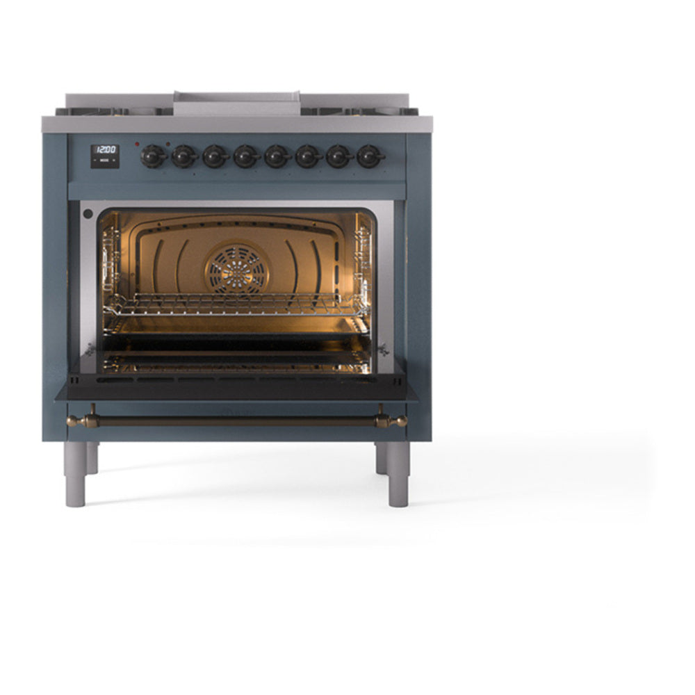 ILVE Nostalgie II Noblesse 36" Blue Grey Dual Fuel Range with 6 Burners and Griddle Solid Door Liquid Propane