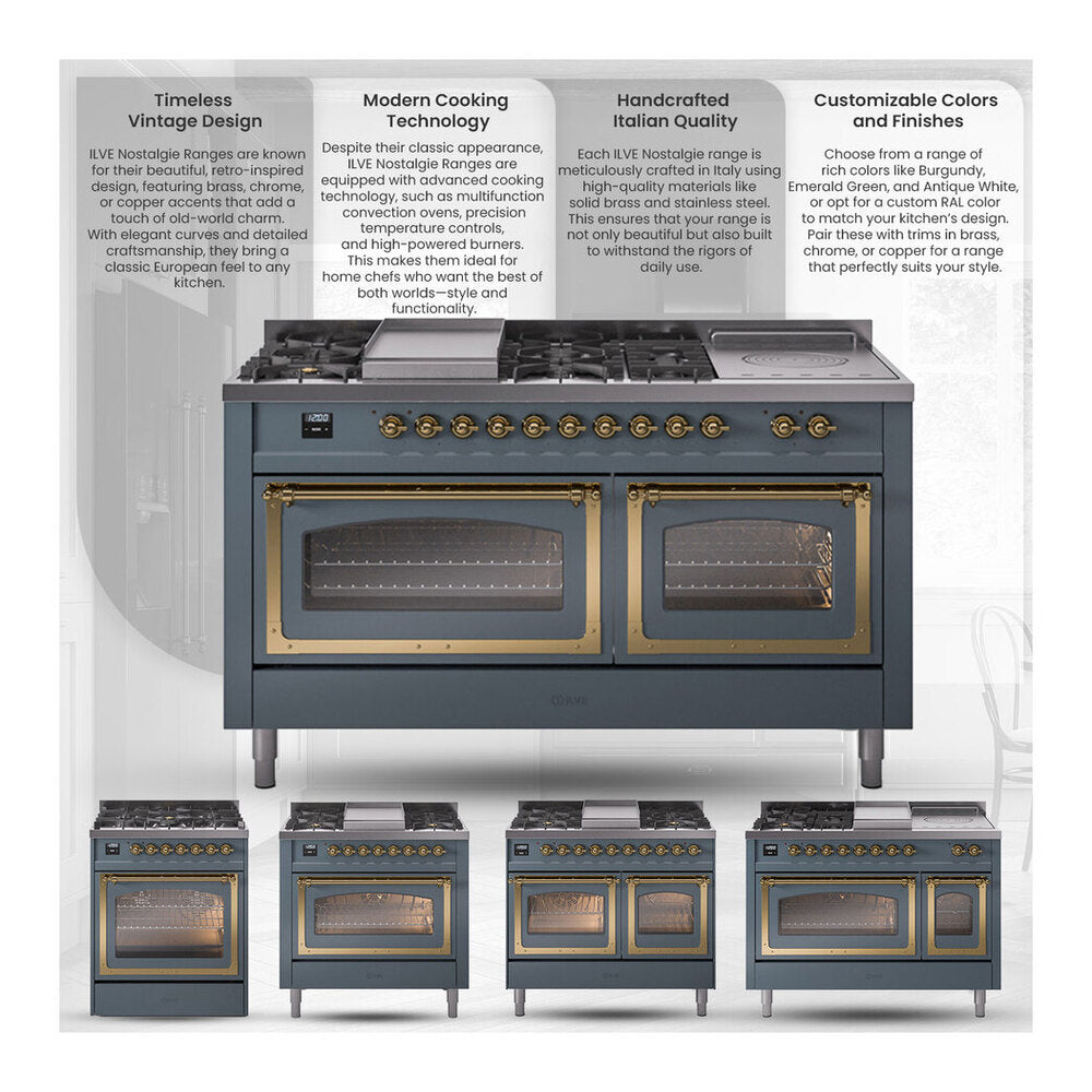 ILVE Nostalgie II Noblesse 36" Blue Grey Dual Fuel Range with 6 Burners and Griddle Solid Door Liquid Propane