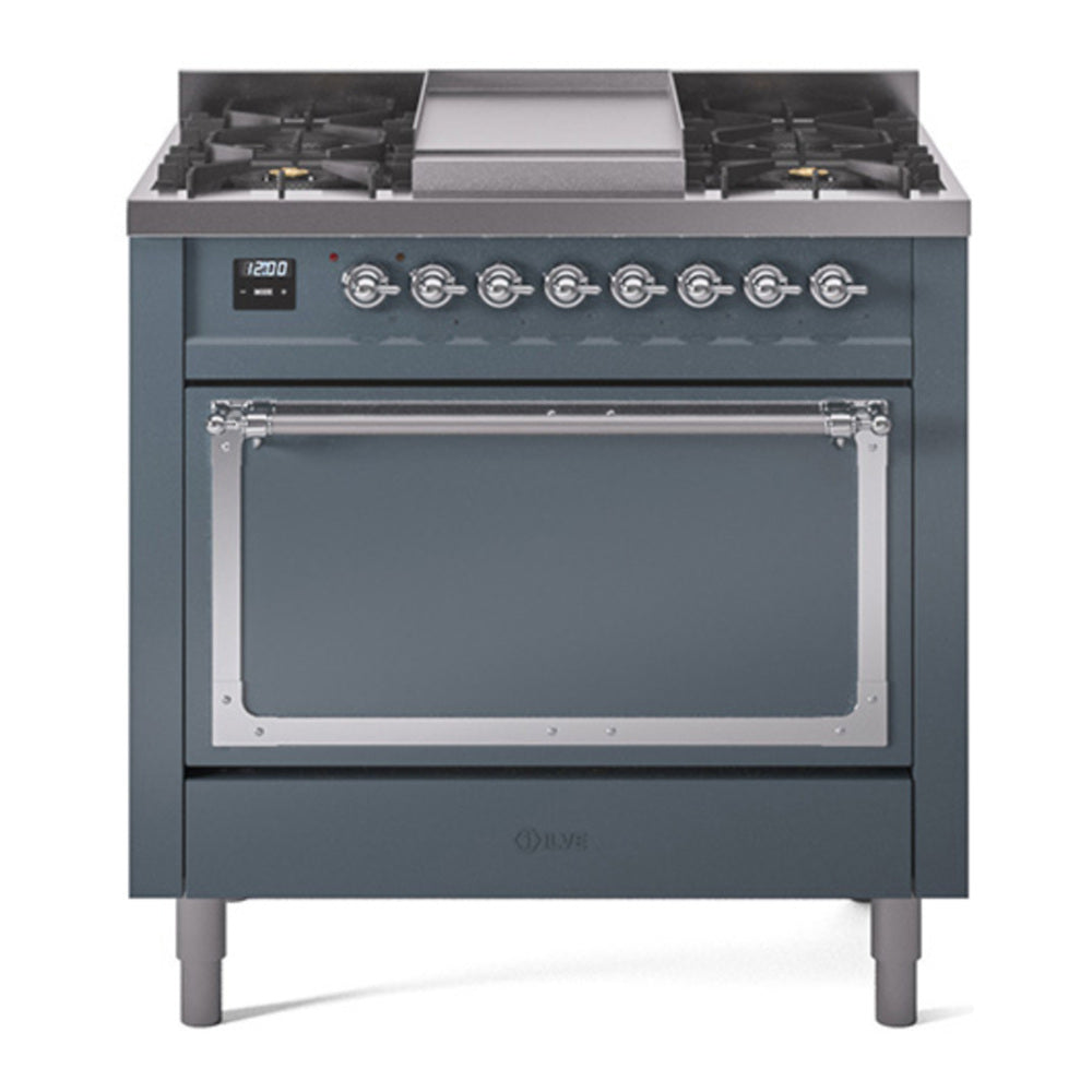 ILVE Nostalgie II Noblesse 36" Blue Grey Dual Fuel Range with 6 Burners and Griddle Solid Door Liquid Propane