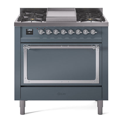 ILVE Nostalgie II Noblesse 36" Blue Grey Dual Fuel Range with 6 Burners and Griddle Solid Door Liquid Propane