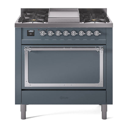 ILVE Nostalgie II Noblesse 36" Blue Grey Dual Fuel Range with 6 Burners and Griddle Solid Door Natural Gas