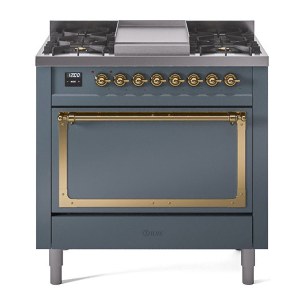 ILVE Nostalgie II Noblesse 36" Blue Grey Dual Fuel Range with 6 Burners and Griddle Solid Door Natural Gas