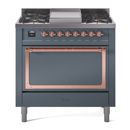 ILVE Nostalgie II Noblesse 36" Blue Grey Dual Fuel Range with 6 Burners and Griddle Solid Door Liquid Propane