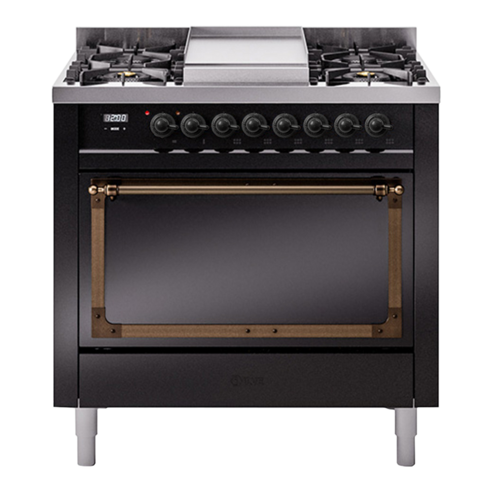 ILVE Nostalgie II Noblesse 36" Glossy Black Dual Fuel Range with 6 Burners and Griddle Solid Door Natural Gas