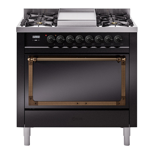 ILVE Nostalgie II Noblesse 36" Glossy Black Dual Fuel Range with 6 Burners and Griddle Solid Door Natural Gas