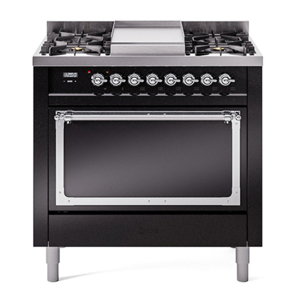 ILVE Nostalgie II Noblesse 36" Glossy Black Dual Fuel Range with 6 Burners and Griddle Solid Door Natural Gas