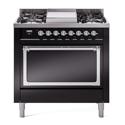 ILVE Nostalgie II Noblesse 36" Glossy Black Dual Fuel Range with 6 Burners and Griddle Solid Door Natural Gas