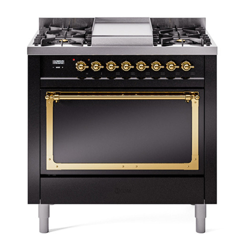 ILVE Nostalgie II Noblesse 36" Glossy Black Dual Fuel Range with 6 Burners and Griddle Solid Door Natural Gas